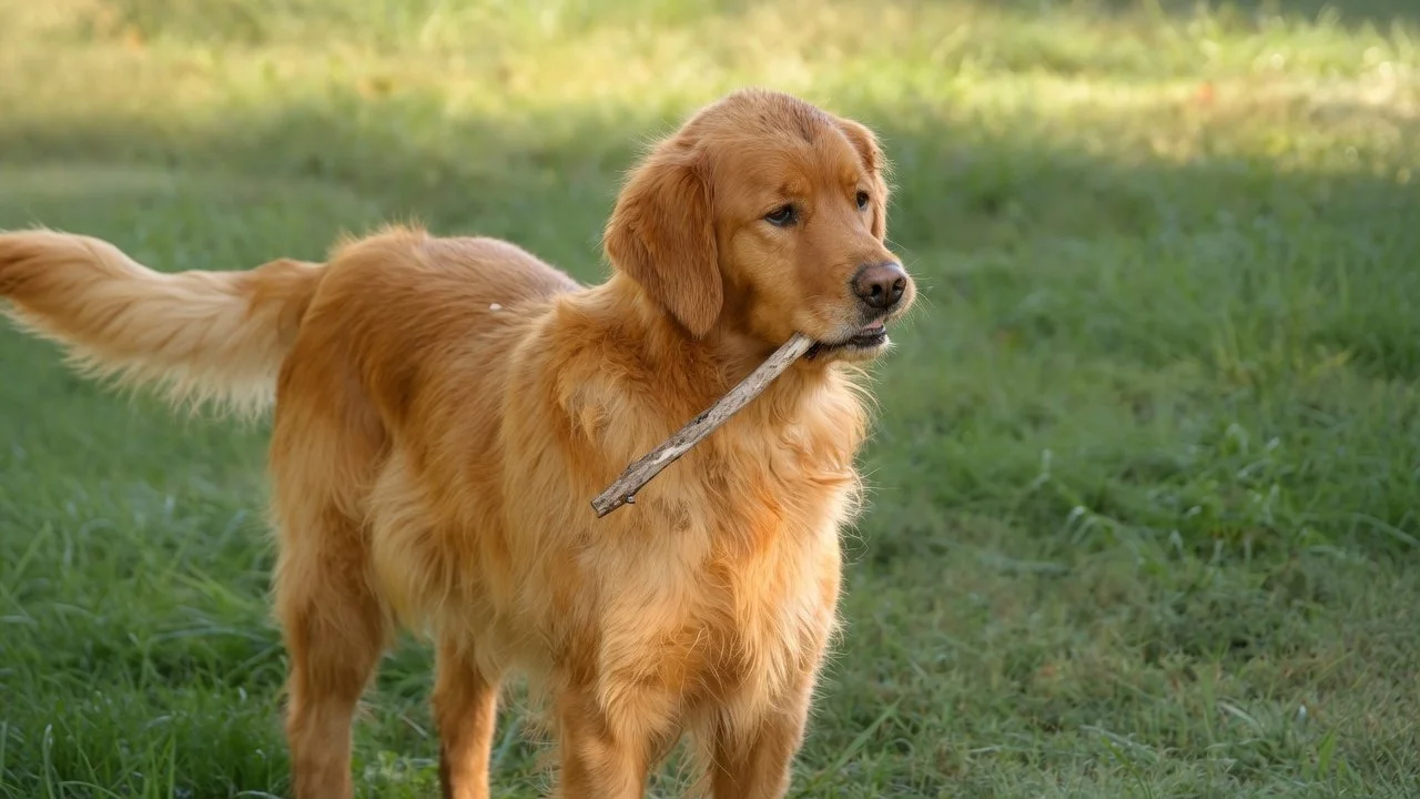 Gloden Retriever holding a stick with loving look.