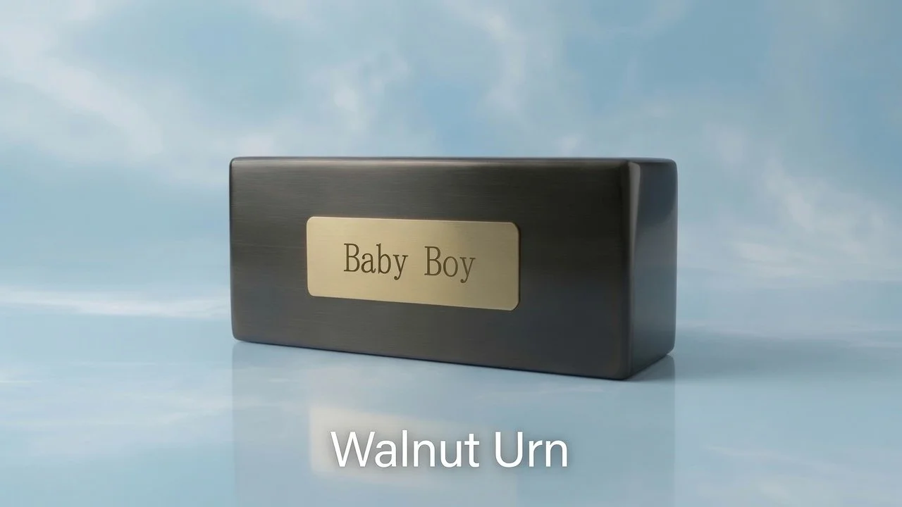 A walnut-colored urn with a gold plaque engraved with "Baby Boy" on a reflective surface with a cloudy sky background.