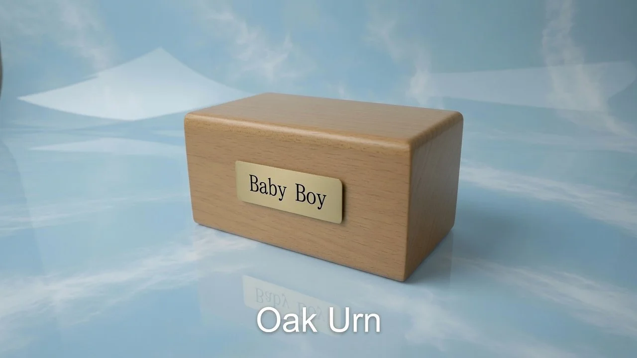 A wooden urn with a label reading "Baby Boy" on a reflective surface against a cloudy sky background.