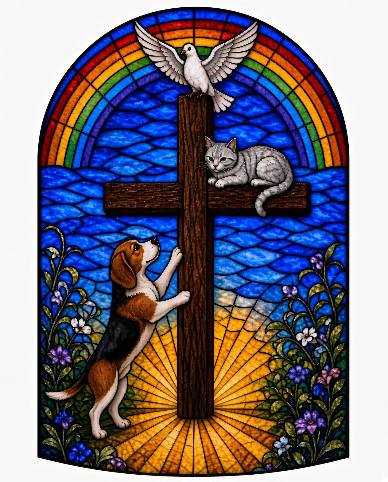 A stained glass illustrating a cross with a dove, cat and dog interacting around and on it.