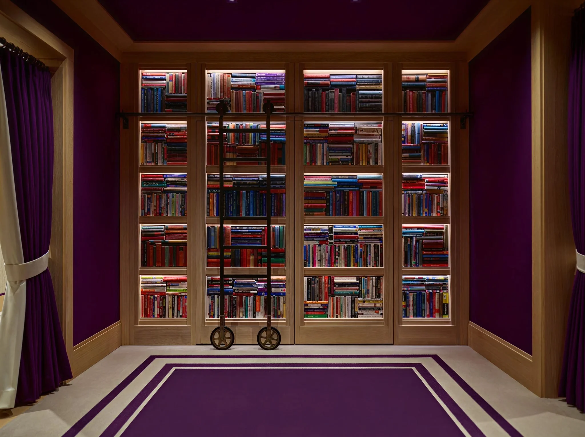 A wooden bookshelf with books inside illuminated by built-in lighting, viewed through purple velvet curtains in a room with purple and beige walls and matching carpet with geometric patterns.