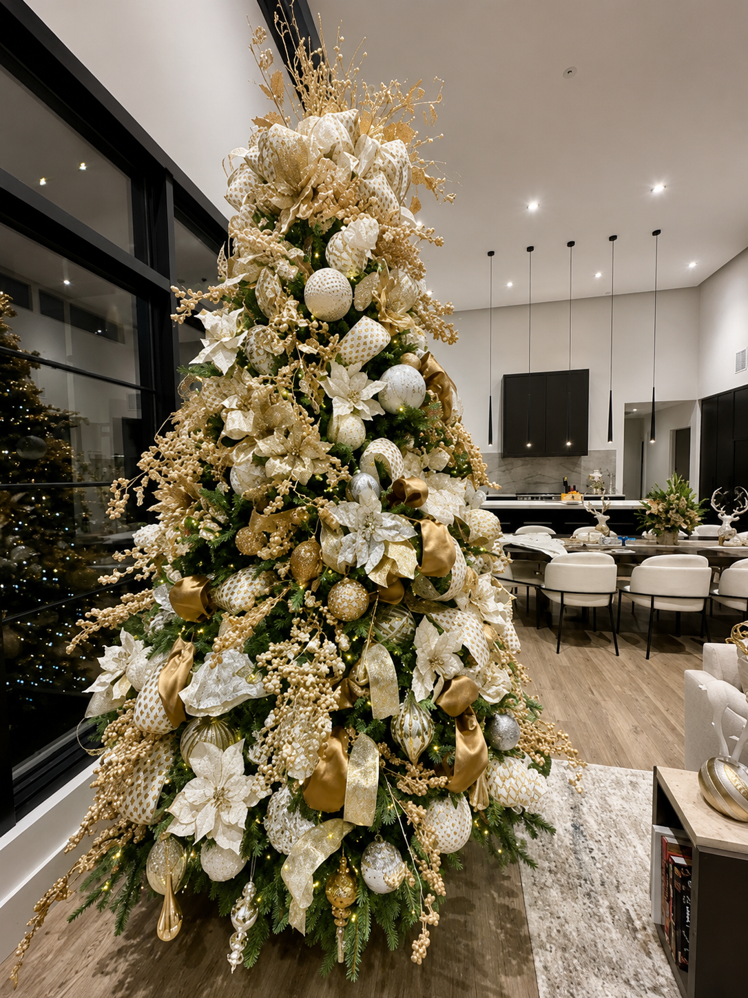 Tall Christmas tree decorated with gold and white ornaments and ribbons in a modern living room.