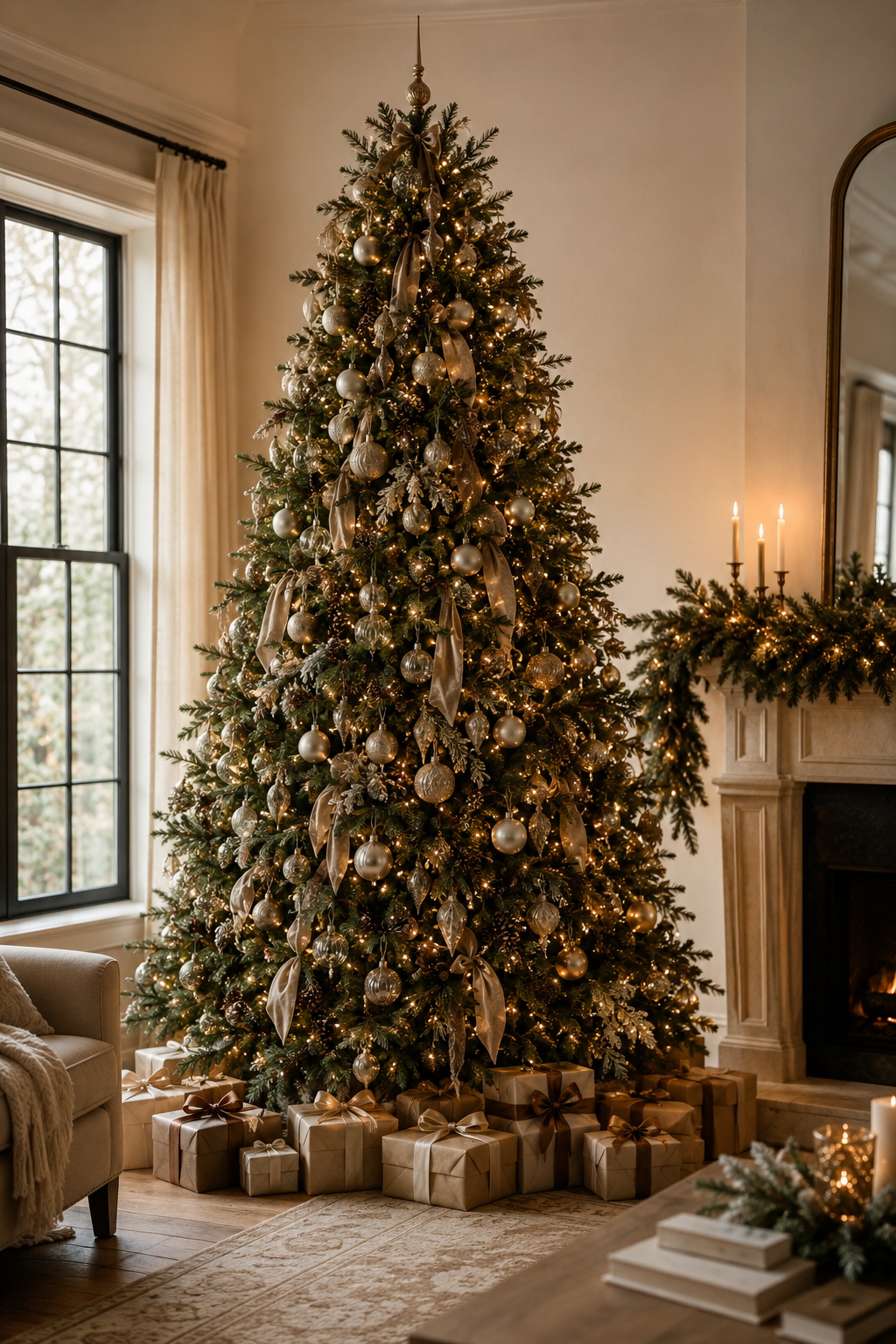 Decorated Christmas tree with gold ornaments, ribbons, and string lights, surrounded by wrapped gifts, in a cozy living room with fireplace and candles.