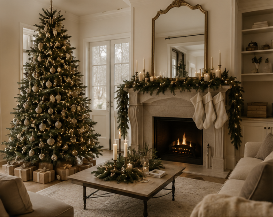 A cozy living room decorated for Christmas with a lit Christmas tree, wrapped presents underneath, a fireplace with stockings hanging, and garland with candles and lights on the mantle.