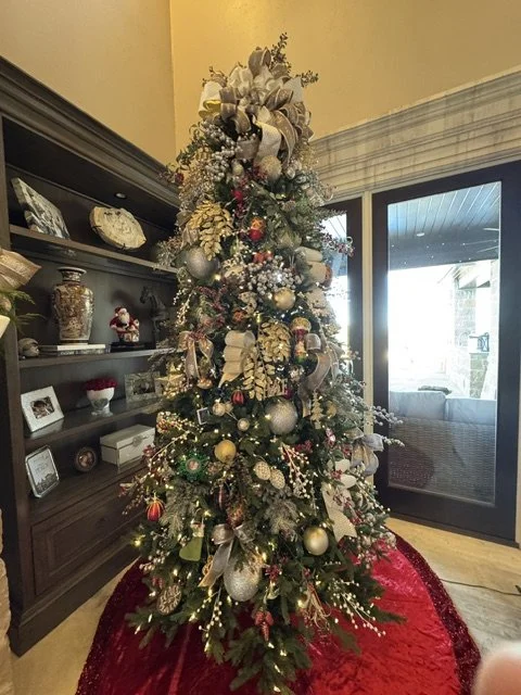 Decorated Christmas tree with ornaments, ribbons, and lights in a living room.