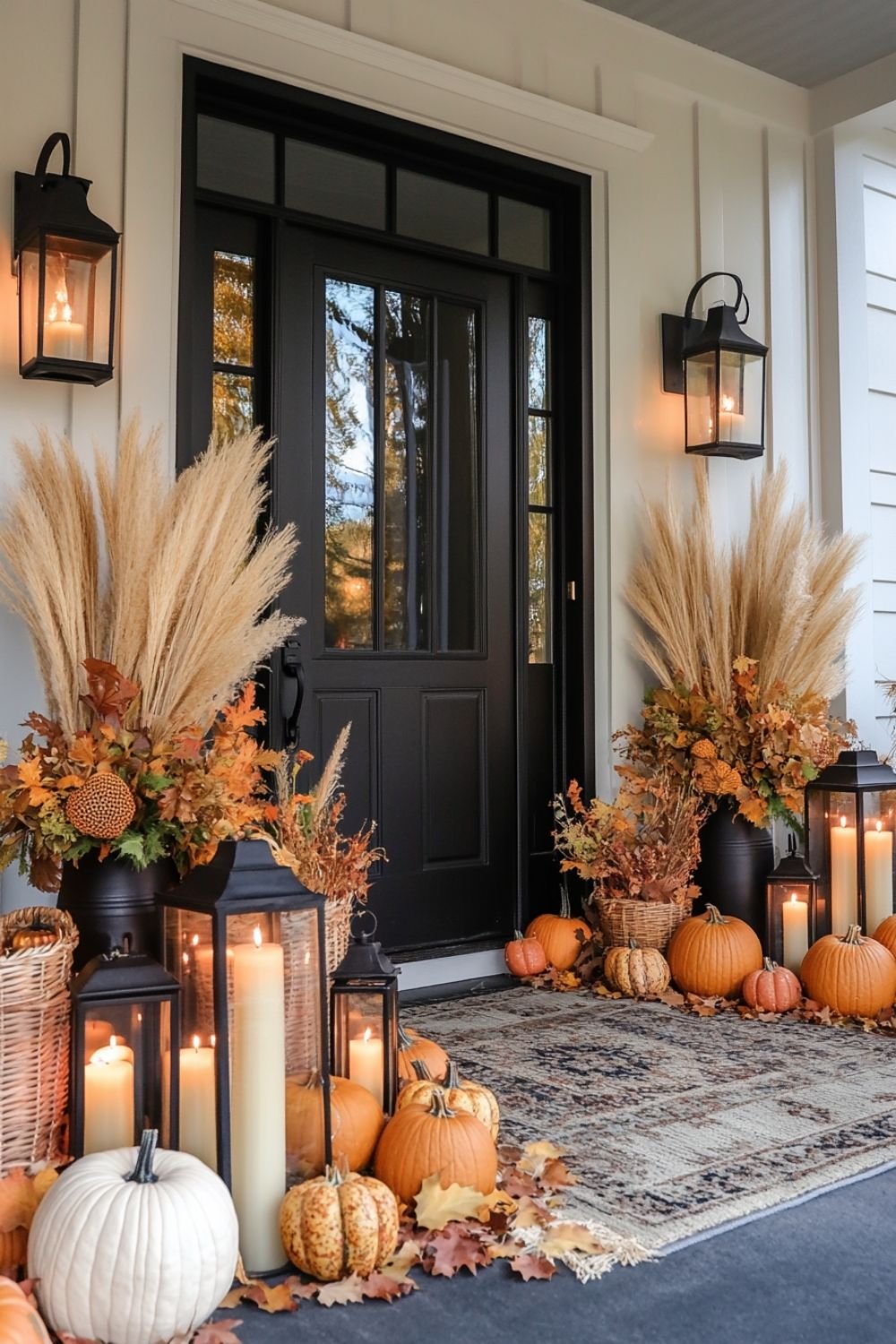 Fall autumn decorated porch with pumpkins, candles, dried flowers, and lanterns