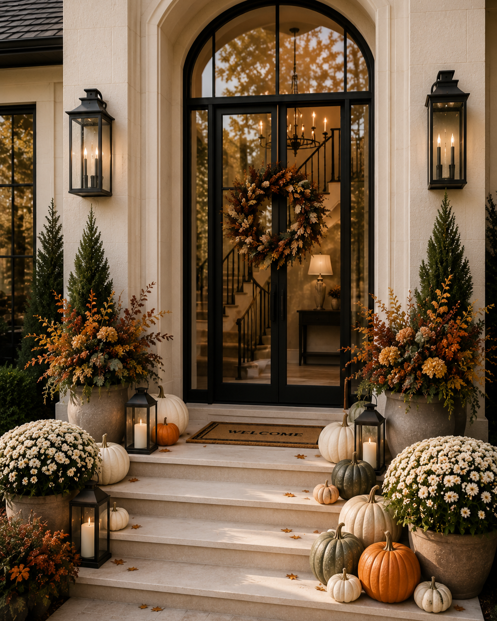 Decorative autumn-themed front porch with pumpkins, potted chrysanthemums, lanterns, a welcome mat, and floral arrangements flanking the doorway. It features a black door with a wreath, flanked by lanterns and greenery.