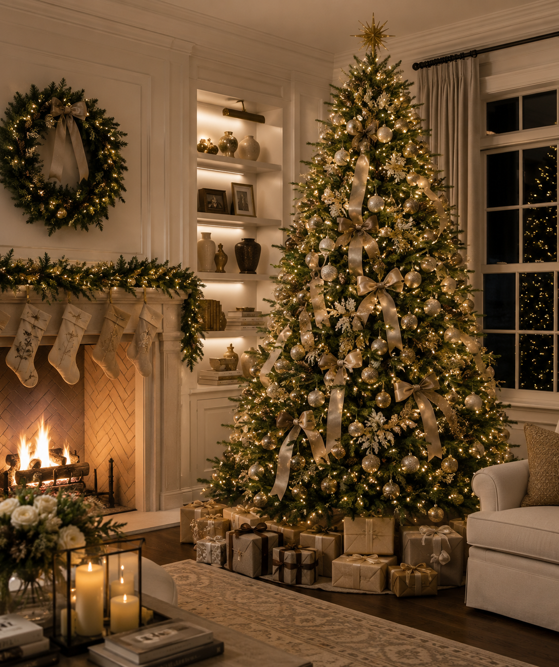 A decorated Christmas tree with gold ribbons, ornaments, and lights in a festive living room with wrapped presents underneath, a fireplace with stockings, a wreath, candles, and warm lighting.