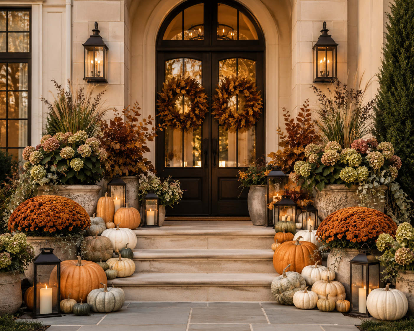 Decorated autumn front porch with pumpkins, mums, candles, and wreaths.