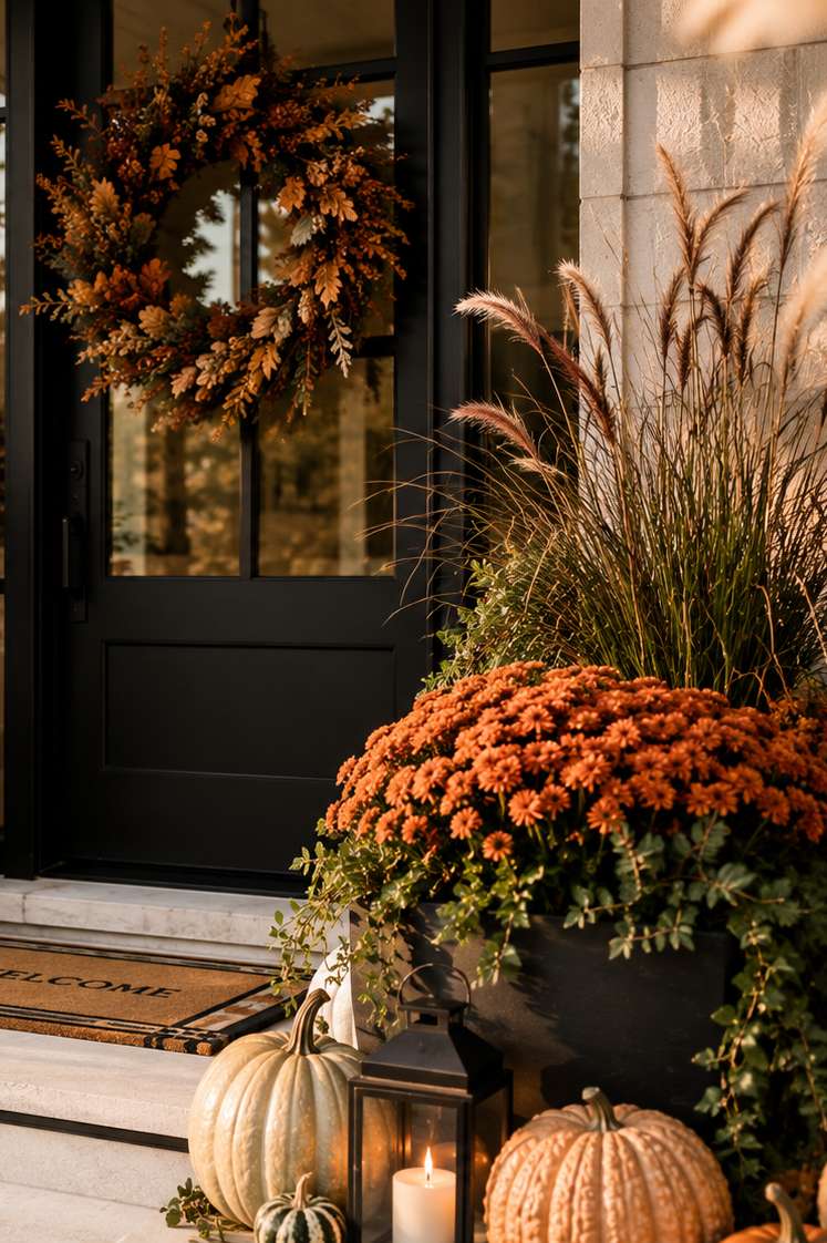 Decorative fall wreath hangs on a black door surrounded by autumn plants and pumpkins, with a lit candle in a black lantern nearby.