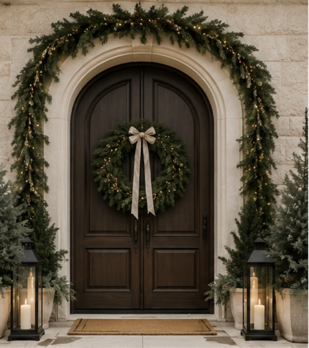Decorated front door with Christmas greenery, wreath, and candles.