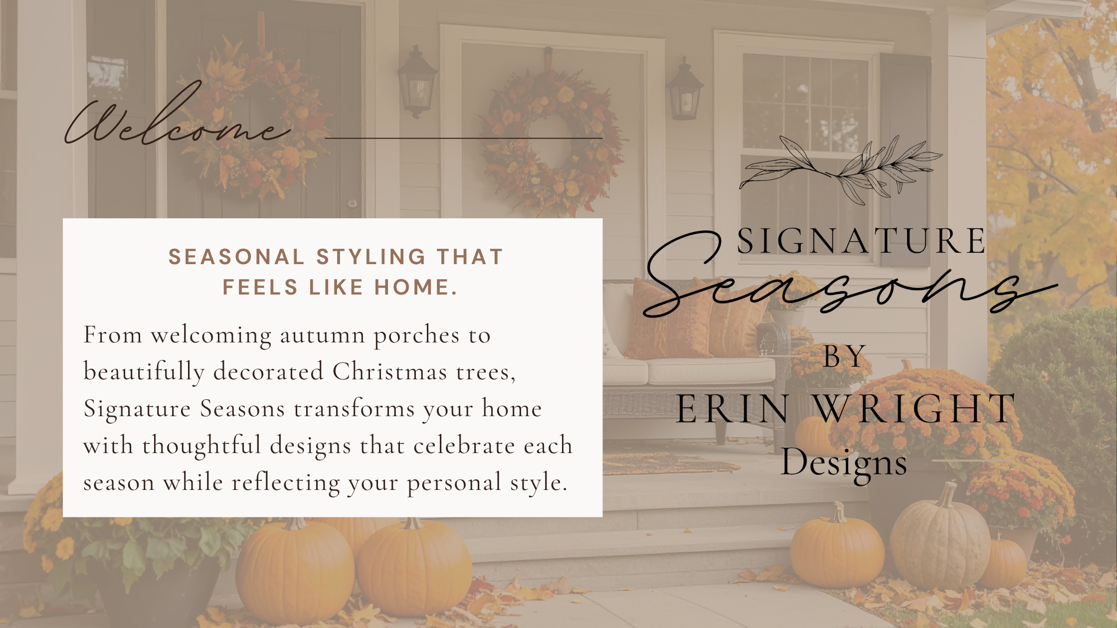 Elegant fall front porch with custom wreaths, pumpkins, mums, and luxury seasonal décor by Erin Wright Designs.
