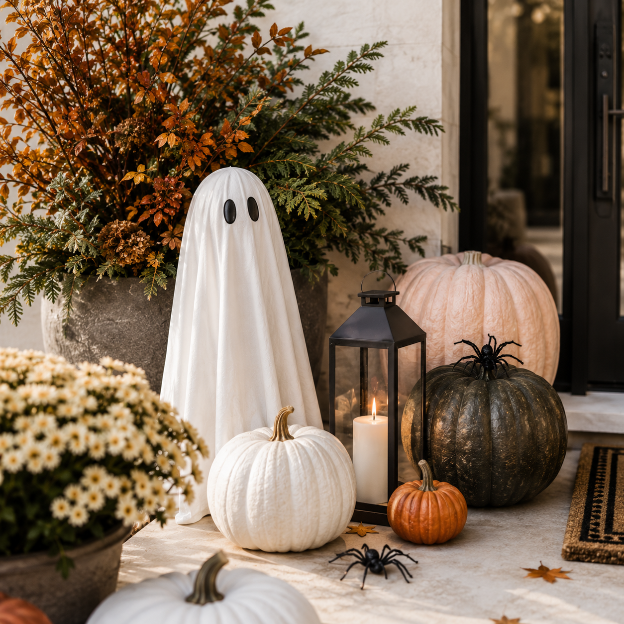 Halloween decorations including a ghost figure with black eyes, pumpkins, candles, spiders, and fall foliage in a welcoming doorway.