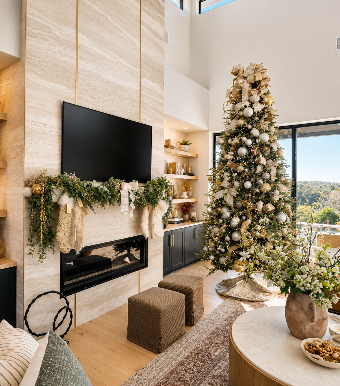Decorated living room with a Christmas tree, stockings on the fireplace, and a mantle with greenery and ornaments.