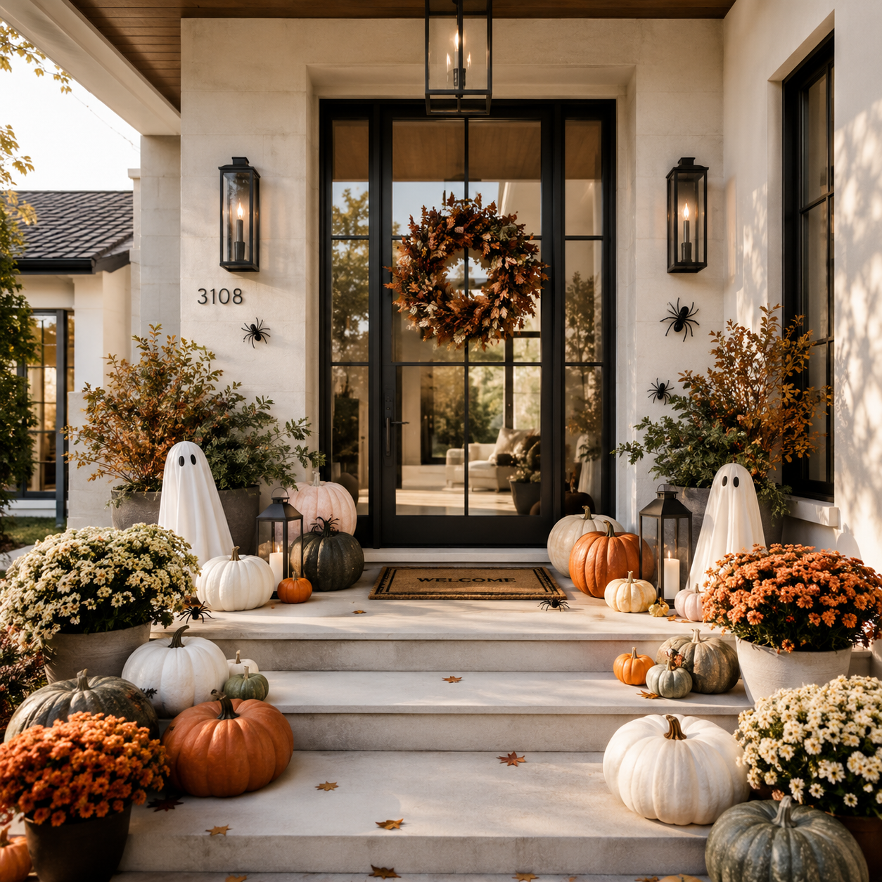 Decorated front porch with pumpkins, mums, ghost decorations, lanterns, and a wreath, celebrating autumn or Halloween.
