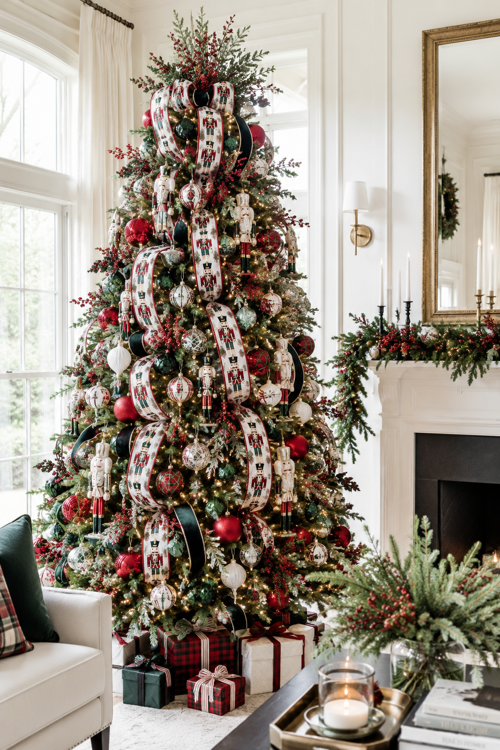 Decorated Christmas tree with red, white, and green ornaments, nutcracker figures, ribbon garlands, and wrapped presents underneath, in a bright living room with large windows and a fireplace adorned with holiday greenery.