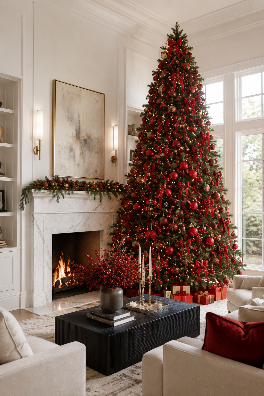A large decorated Christmas tree in a bright living room with a fireplace, surrounded by wrapped presents, with a modern art piece on the wall and a cozy seating area.