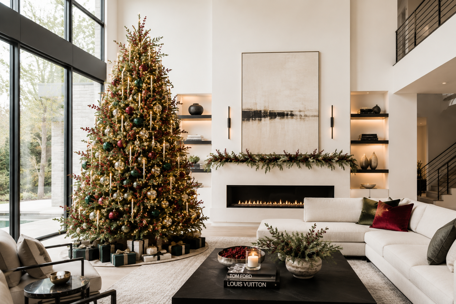 Elegant living room decorated for Christmas with a tall, decorated Christmas tree, empty fireplace with garland, modern artwork, light-colored sofa with colorful pillows, and large windows showing outdoor scenery.