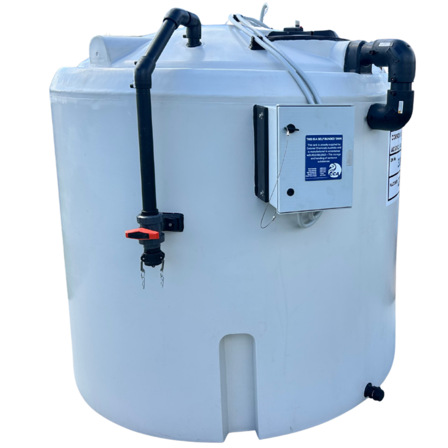 A white, cylindrical, self-funding water tank with pipes, a control panel, and electrical connections.