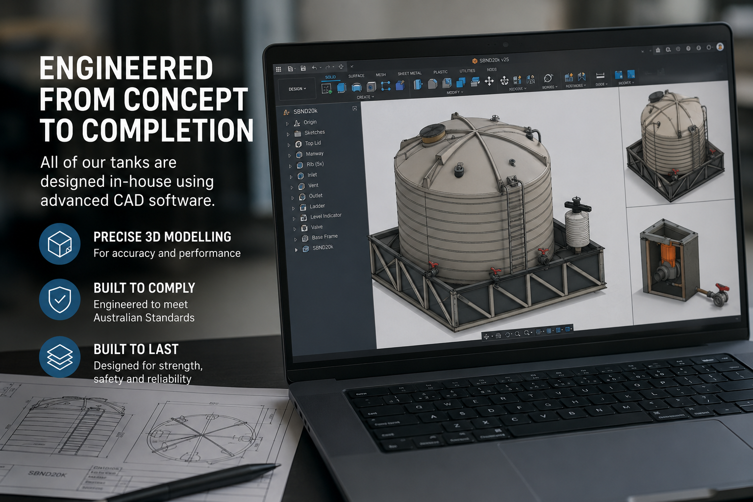 A laptop displaying 3D CAD models of a large water tank and its components, with technical drawings and blueprints on paper and a pen on the desk.