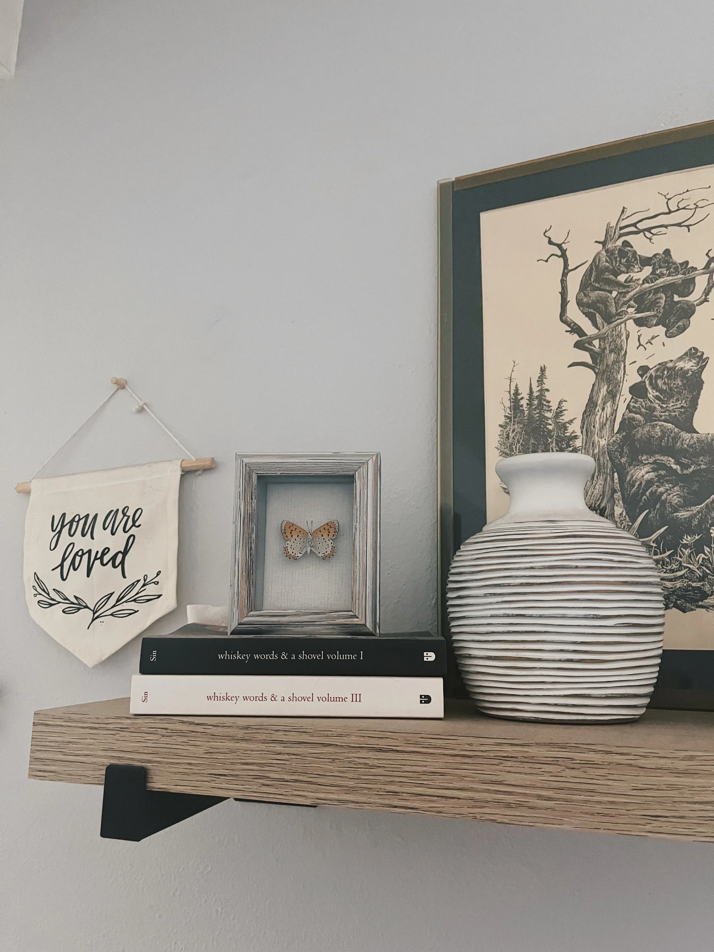 A framed butterfly on a white background is placed on a wooden shelf with decor.