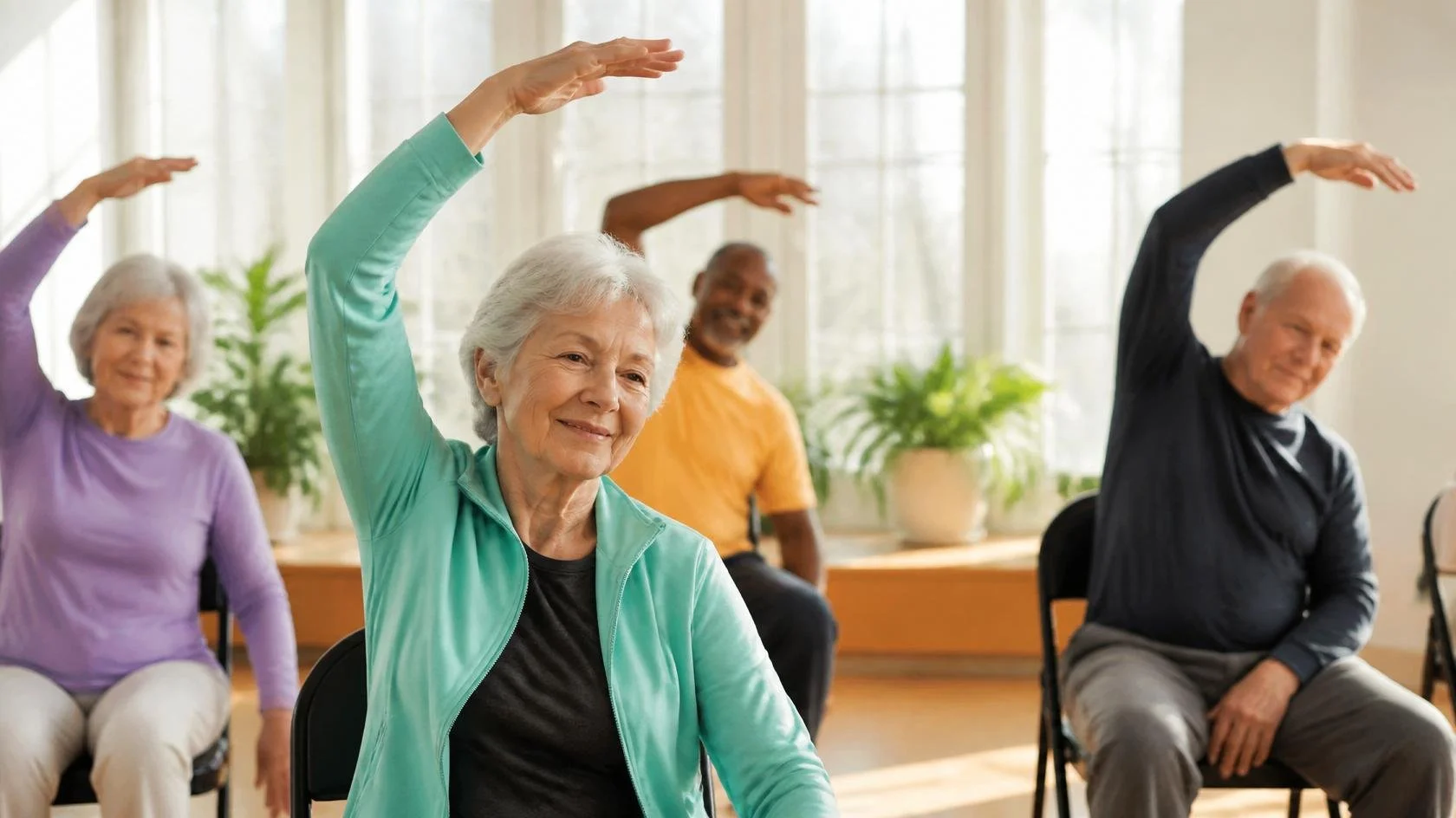 Senior adults participating in a seated exercise class, raising their arms, in a bright, sunlit room with large windows and potted plants.