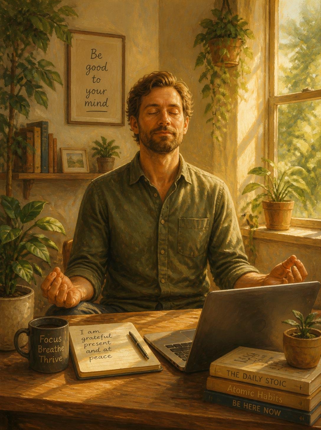 A man sitting at a wooden desk with closed eyes, meditating or relaxing, surrounded by plants and sunlight, with motivational signs and books about mindfulness and Stoicism.