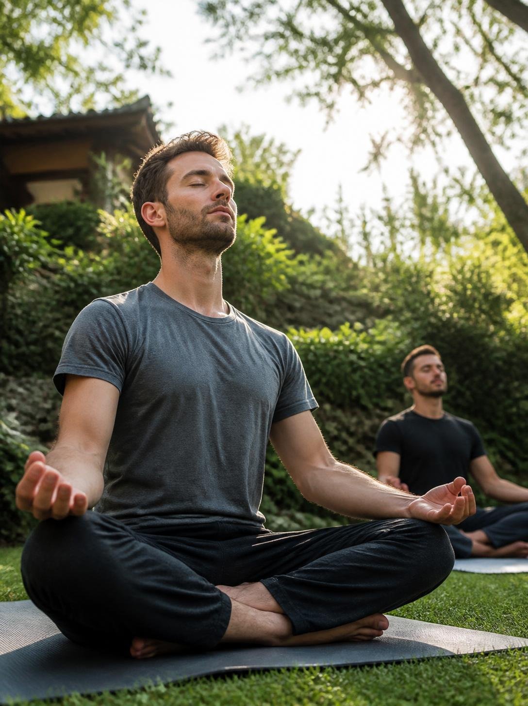 Two men practicing outdoor meditation in a lush, green park, sitting cross-legged on yoga mats with eyes closed and hands resting on knees.