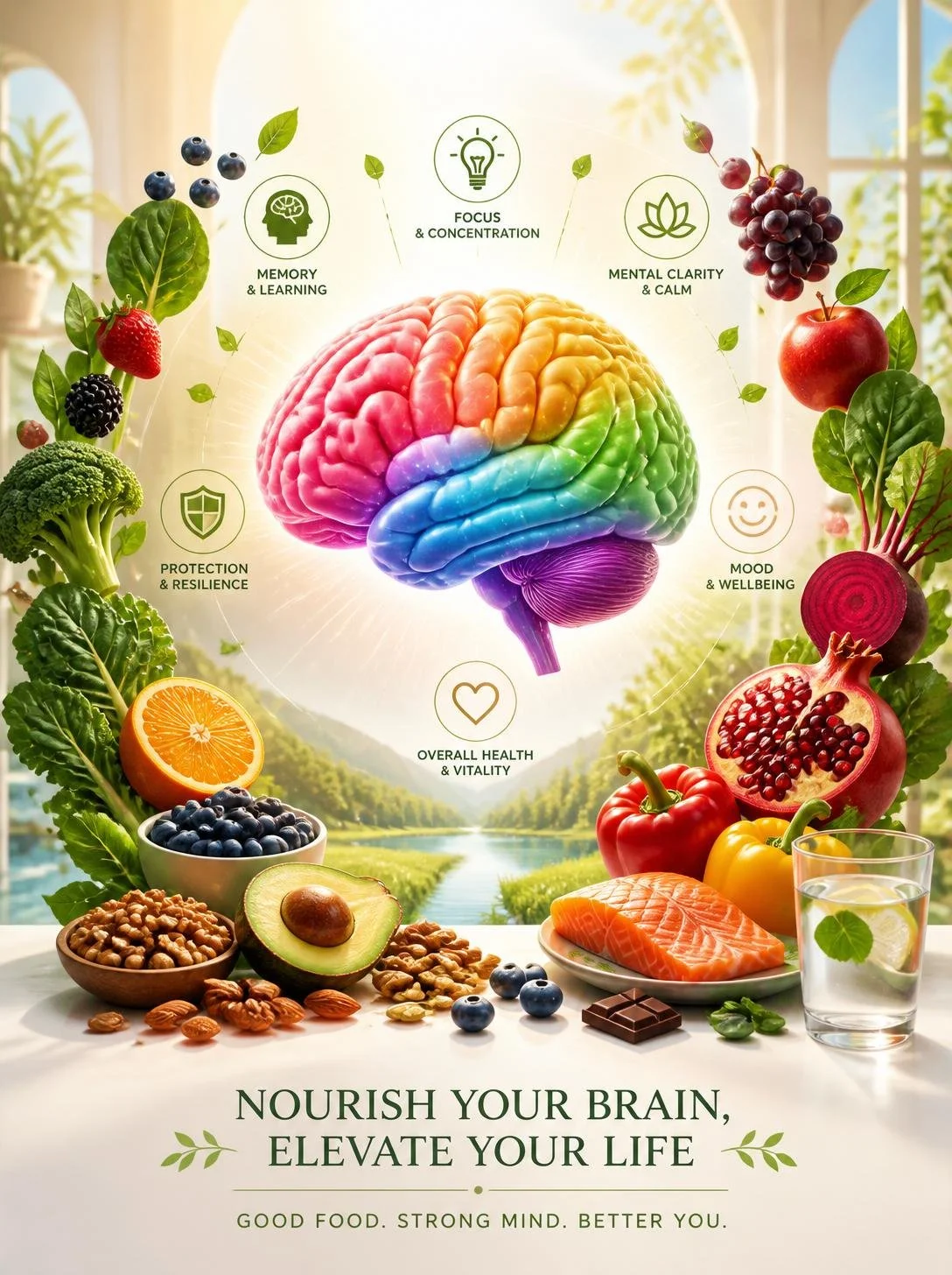A colorful illustration of a human brain with labeled benefits such as memory, focus, mental clarity, mood, overall health, and protection, surrounded by various healthy foods like berries, vegetables, nuts, salmon, and dark chocolate, emphasizing brain nourishment.