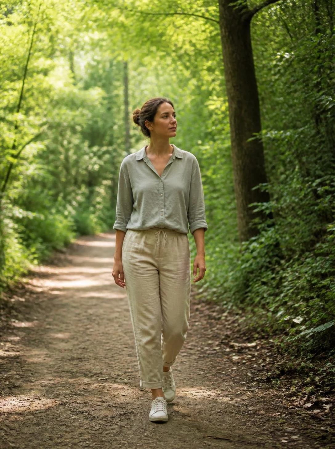A woman walking on a forest trail surrounded by green trees and foliage.