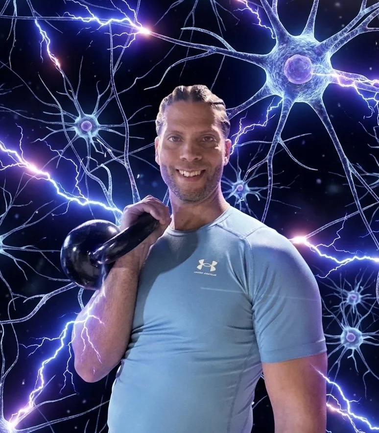 A man smiling while holding a kettlebell against a digital background of neurons and electrical sparks.