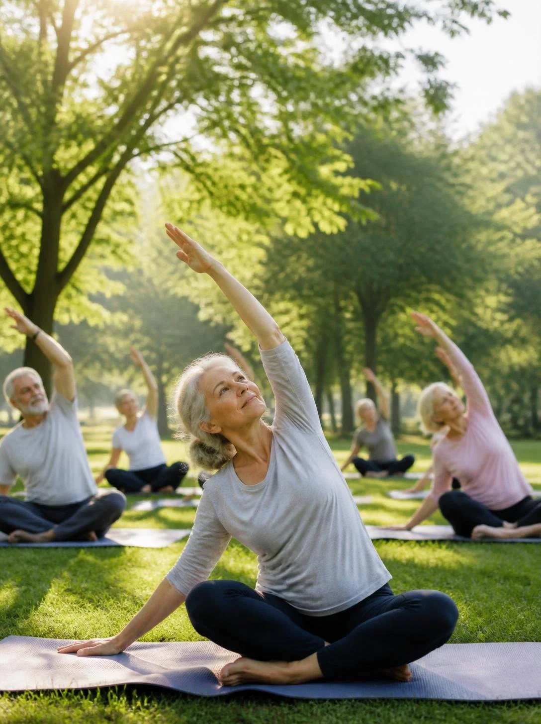 Older adults participating in outdoor yoga class in a park during daytime with sunlight filtering through trees.