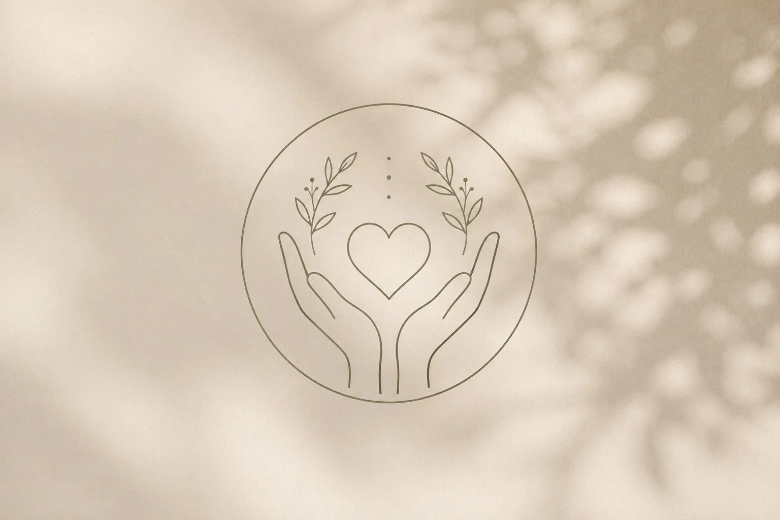 Minimalist line drawing of two hands holding a heart, surrounded by two sprigs of leaves, with a circular outline.
