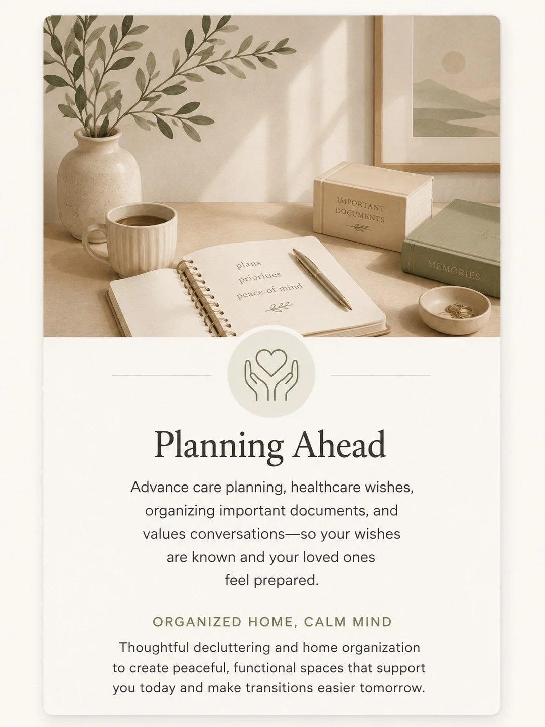 A workspace with a vase of green leaves, a coffee mug, a notebook with a pen, office supplies labeled "Important Documents" and "Memories," and framed artwork in a neutral-colored office or home setting.