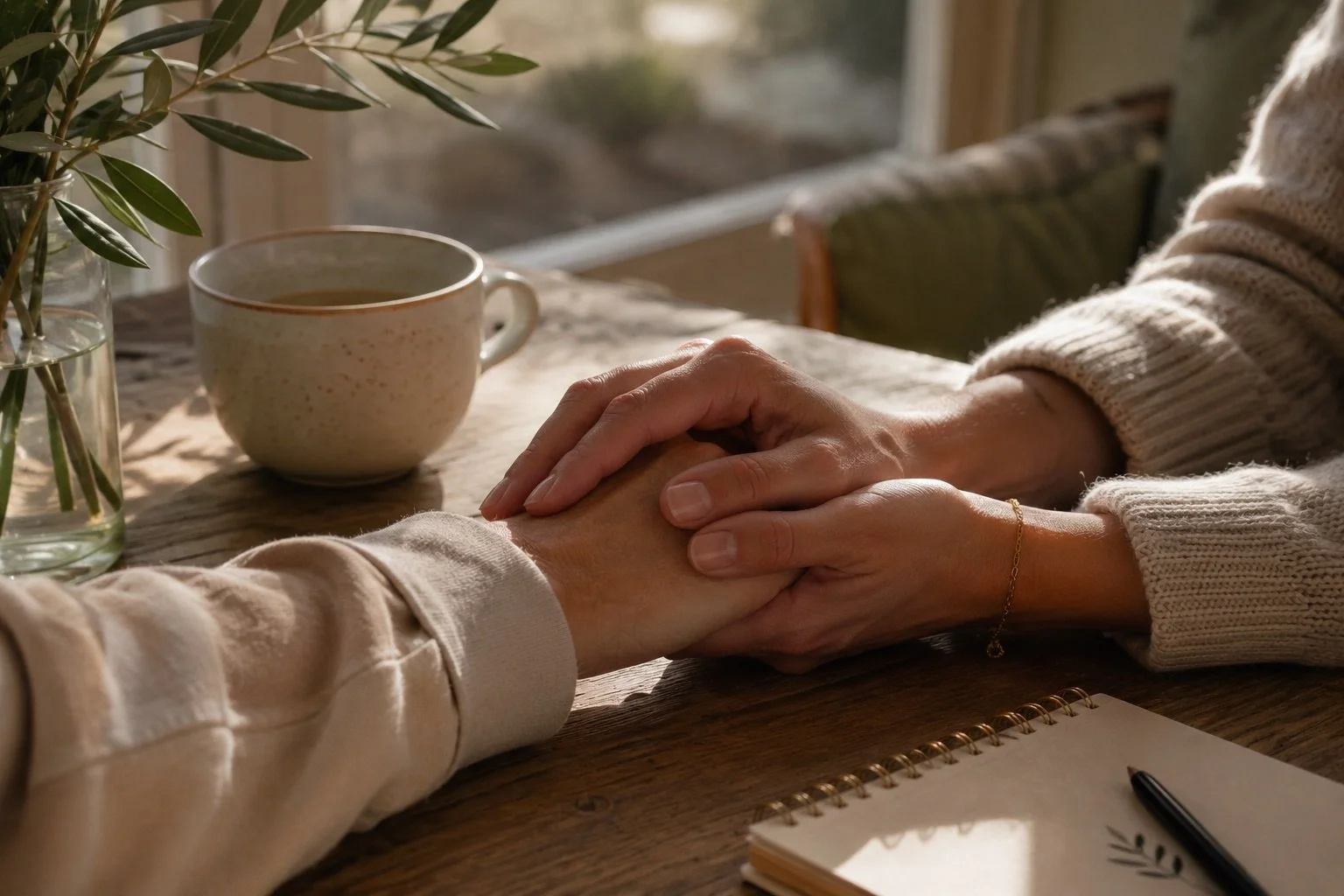 Two people holding hands on a wooden table with a cup of coffee, notebook, pen, and a vase with greenery nearby.