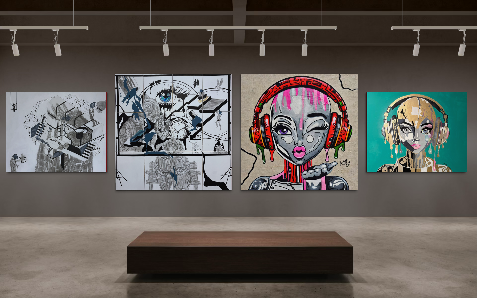 Mixed media artwork displayed on gallery wall.