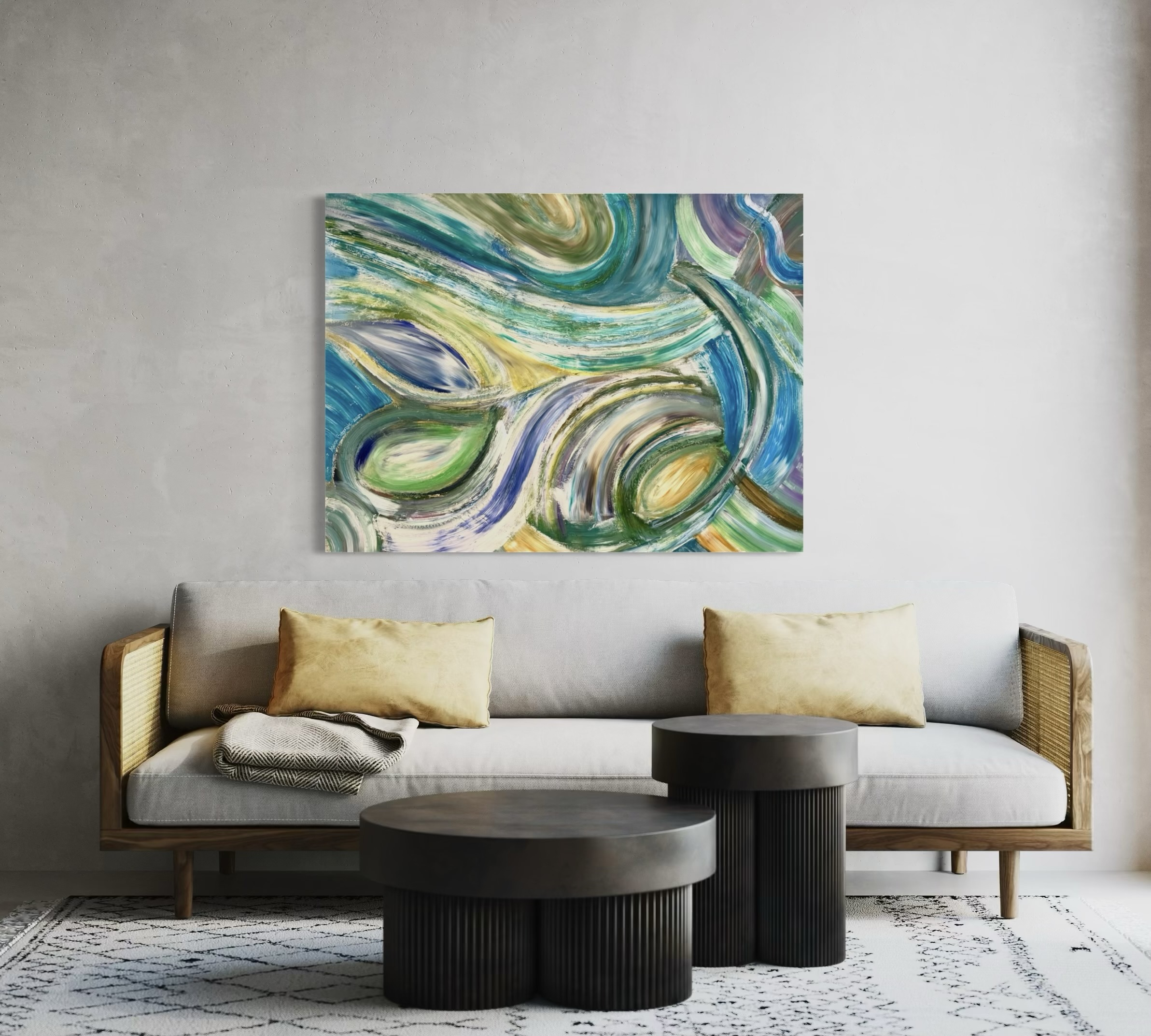 Modern living room with abstract art work.