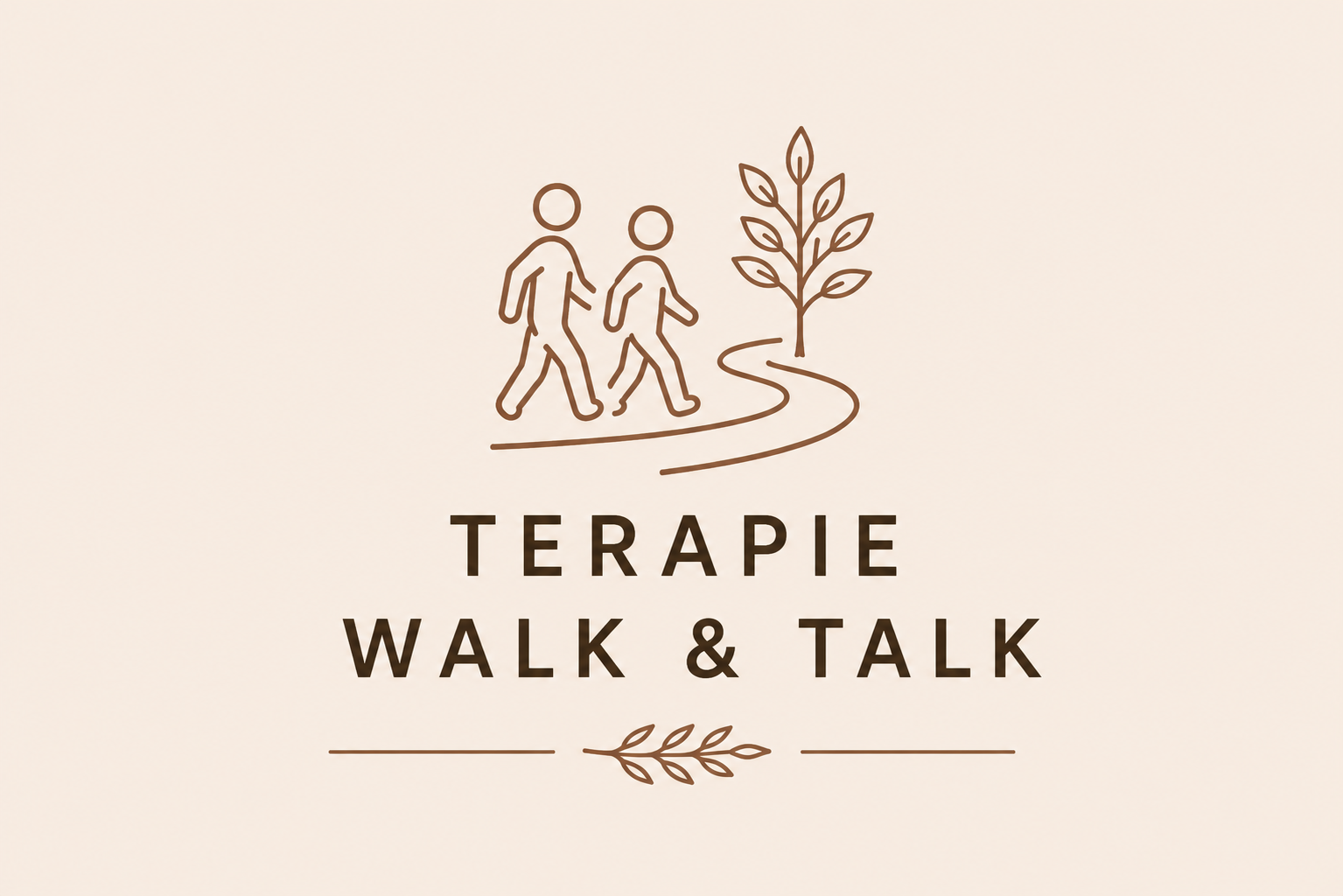 Logo for therapy walk and talk event featuring two walking figures, a winding path, a plant, and decorative lines.