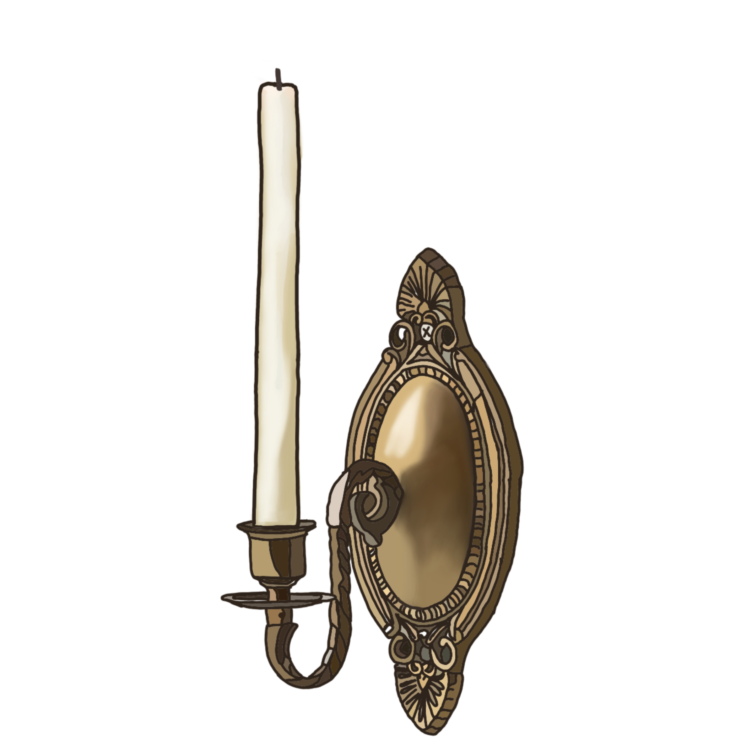 A decorative wall sconce with a mounted candle and ornamental design.