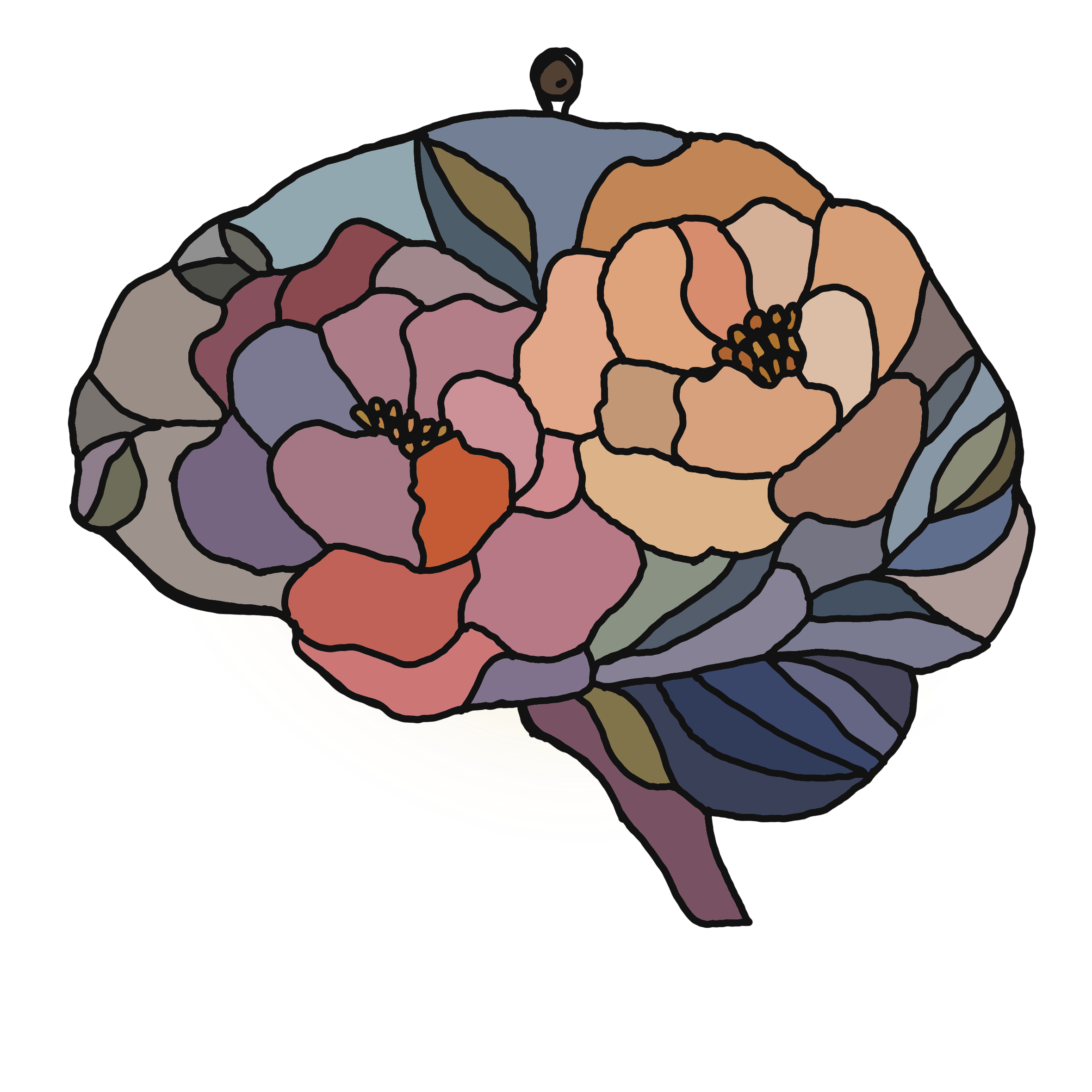 A stained glass illustration of a flower arrangement in the shape of a brain