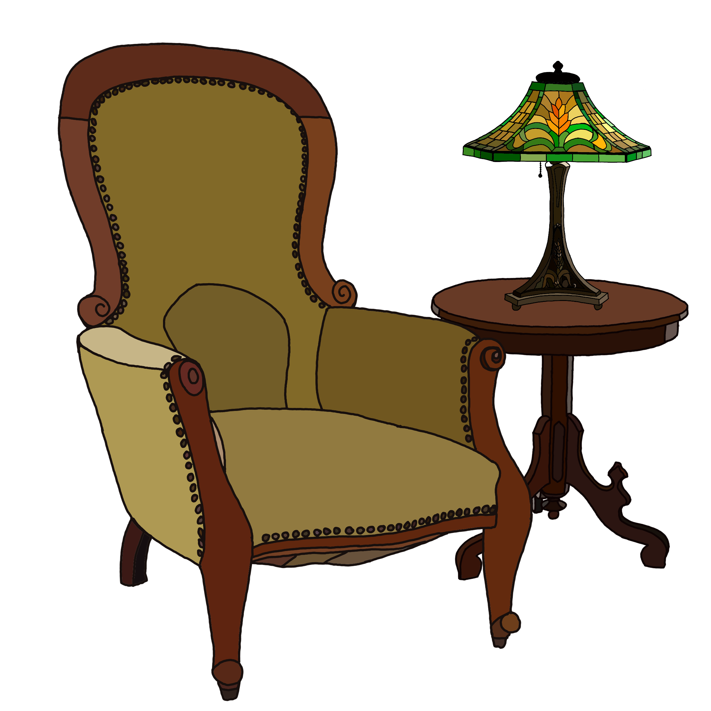 Illustration of a vintage armchair with green upholstery and wooden frame, placed next to a coffee table with a decorative Tiffany-style lamp.