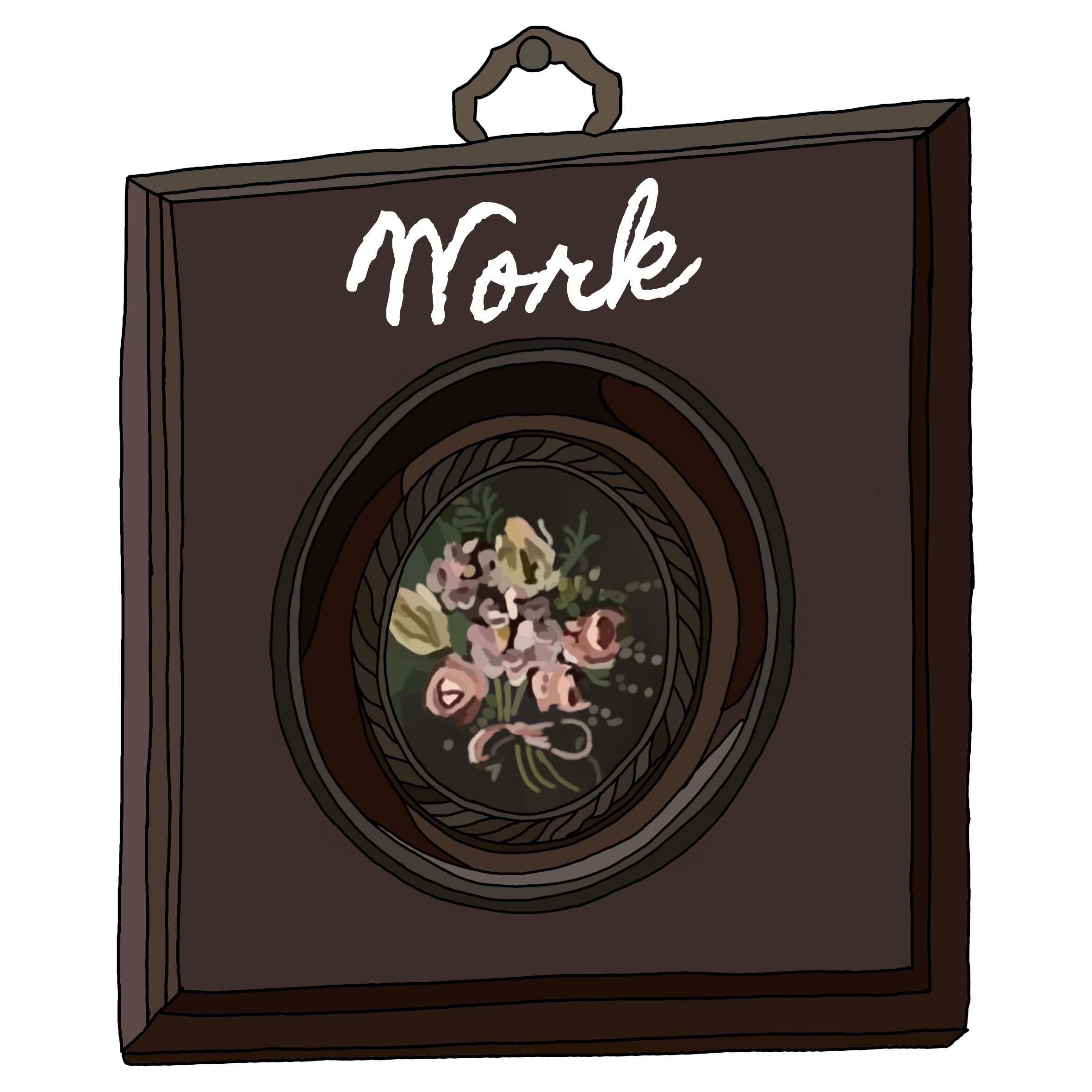 Framed painting labeled "Work" linking to professional portfolio
