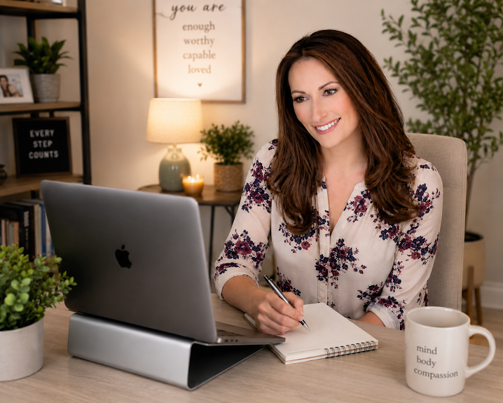 A smiling woman with long brown hair working at her desk with a laptop, notebook, and pen in a cozy home office decorated with plants, a lamp, and motivational wall art.