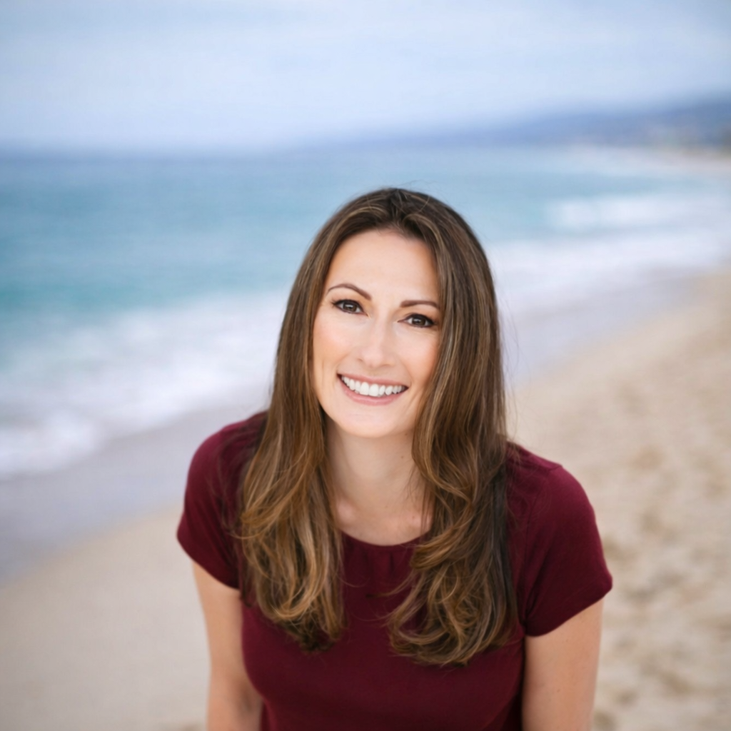 A woman with long brown hair smiling at the camera on a beach with sand and ocean in the background.