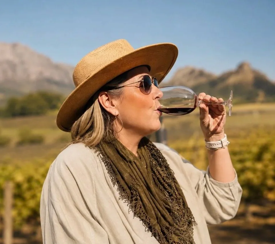 Karen Kroboth enjoying South Africa’s renowned Cape Winelands, highlighting the cultural and destination experiences that complement marathon travel with LATAM Marathon Experience.