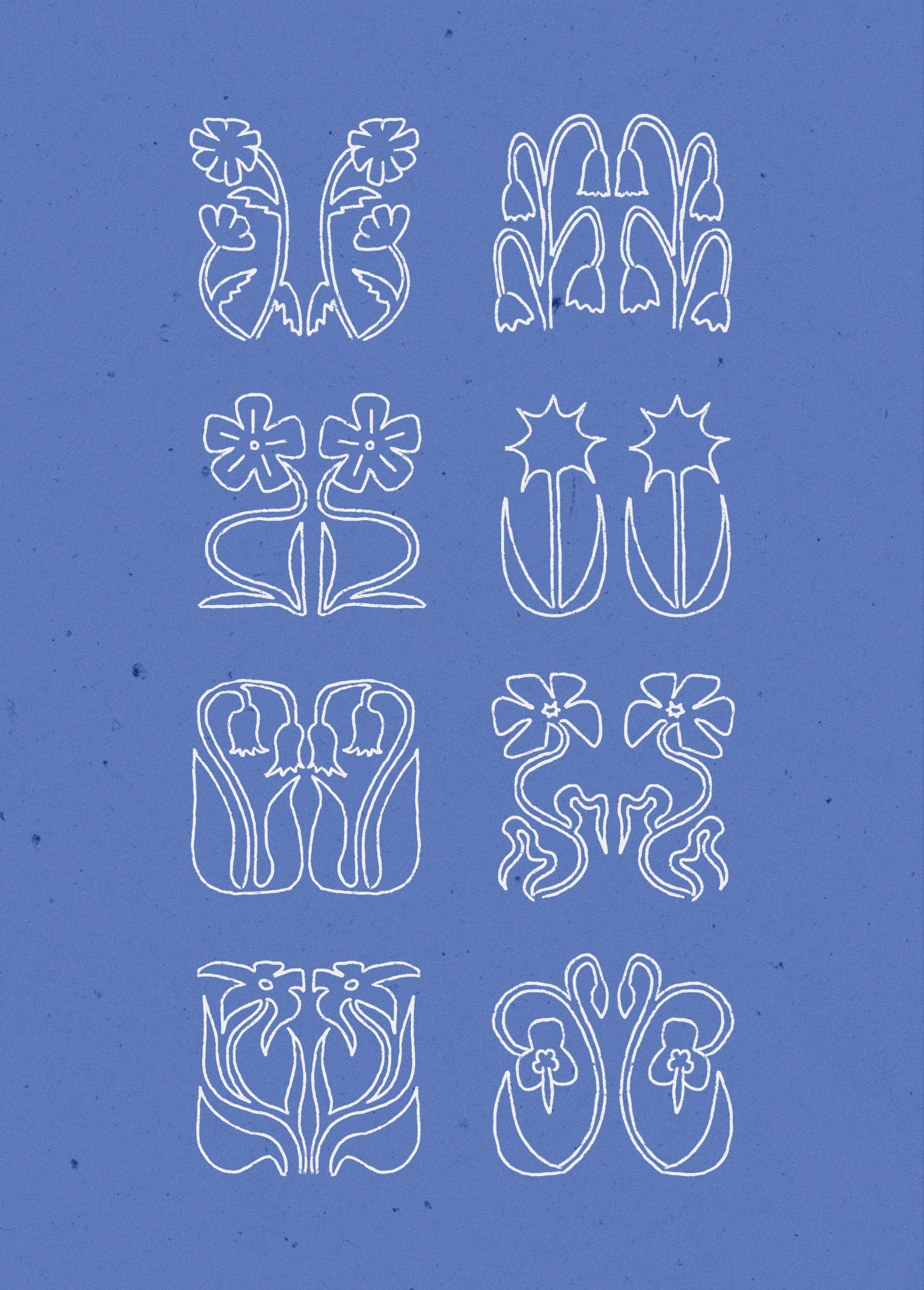 Whimsical mirrored flowers drawn in fine line white outline, arranged in tiles on a blue background