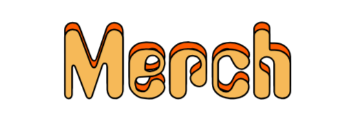 The word 'Merch' written in large, stylized orange and black letters on a black background.