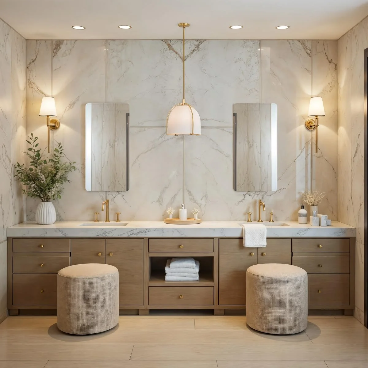 Custom luxury bathroom with natural stone vanity countertops and wall surfaces by Supreme Stone in Houston, TX