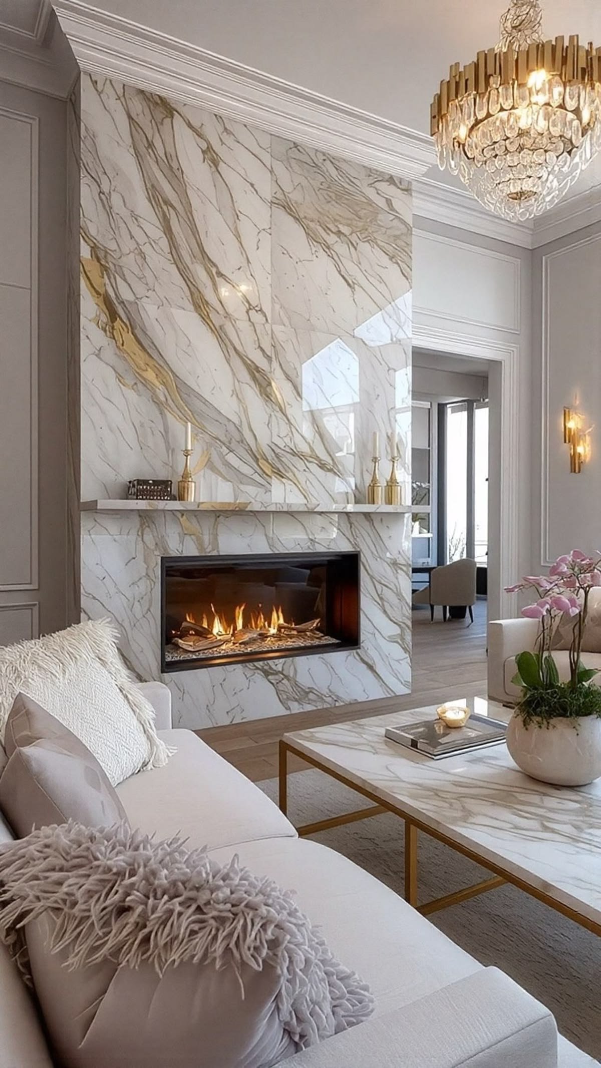 Custom natural stone fireplace with marble surround installed by Supreme Stone in Houston, TX