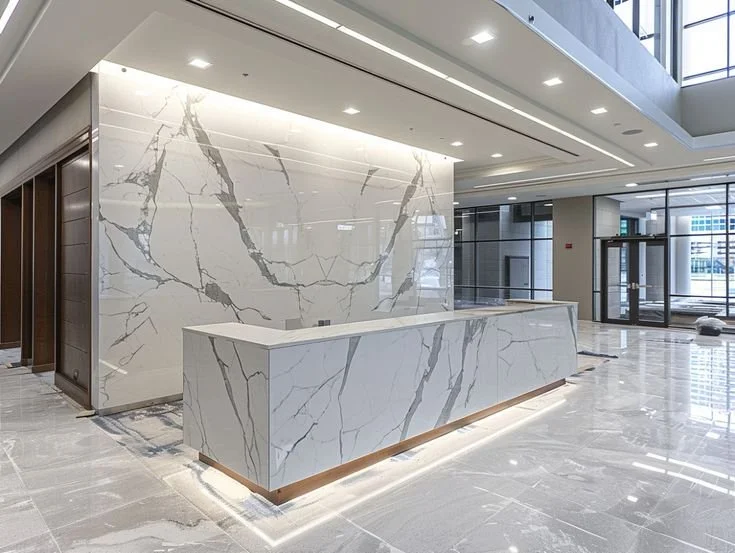 Luxury commercial reception desk and feature wall clad in white stone with dramatic veining in Houston, TX.